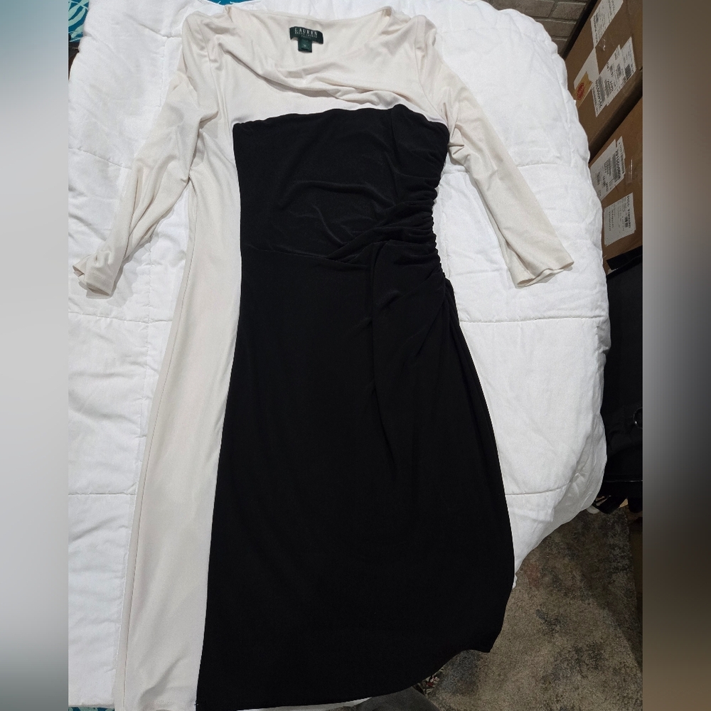 Ralph Lauren One Shoulder Black and Cream Dress
